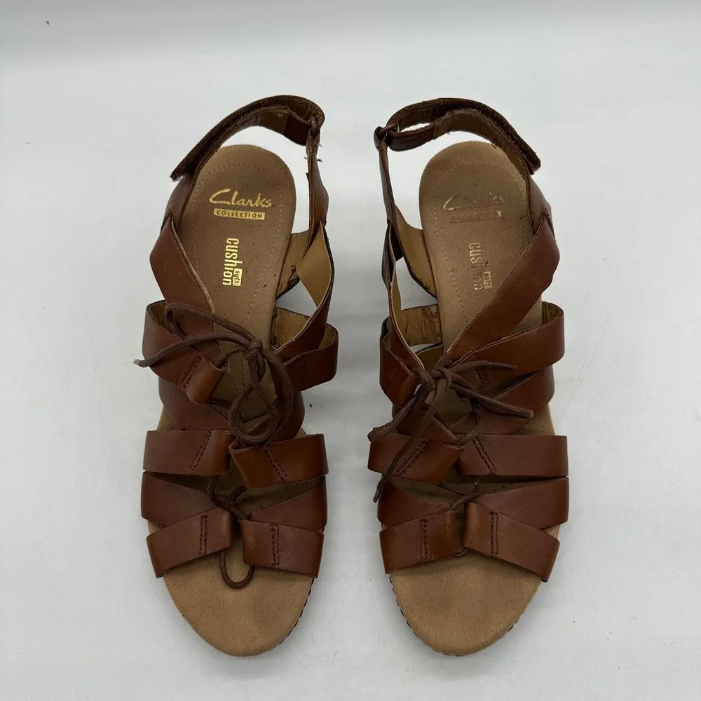 Clarks 261247694065 Womens Size 9 Helio Mindin Brown Leather Cork Wedge Sandals